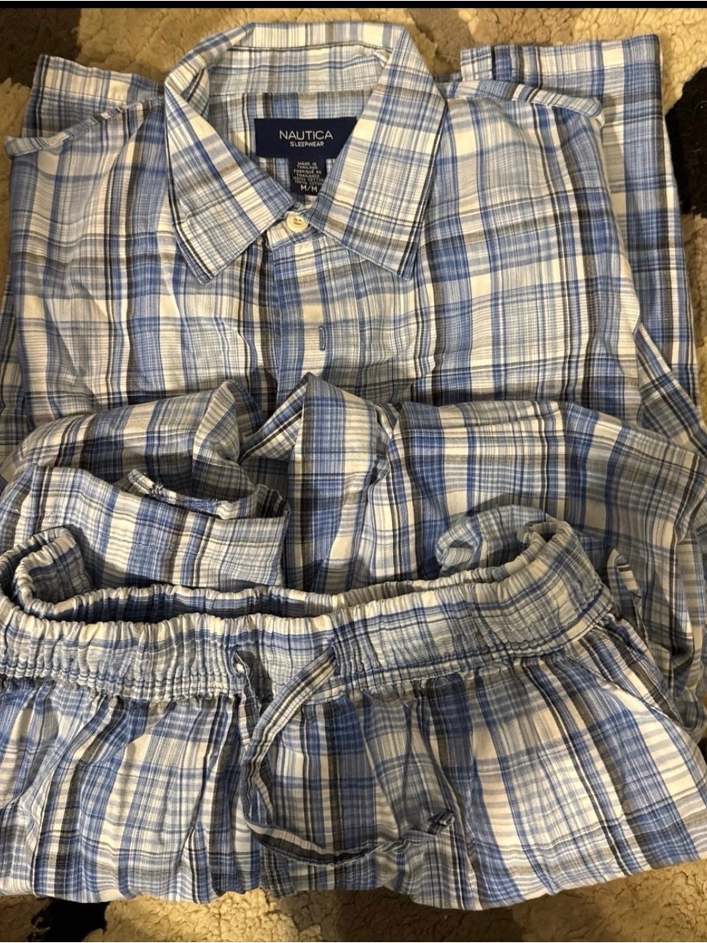 Nautica Men’s Light Blue and White Plaid Cotton Pajama Set